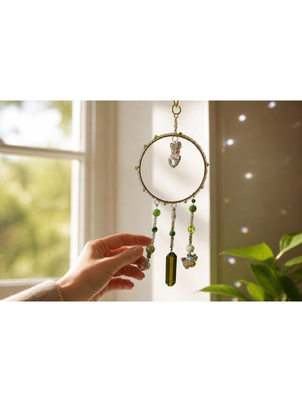 Handmade Green Crystal Butterfly Sun Catcher With Beaded Details & Gold Hoop For